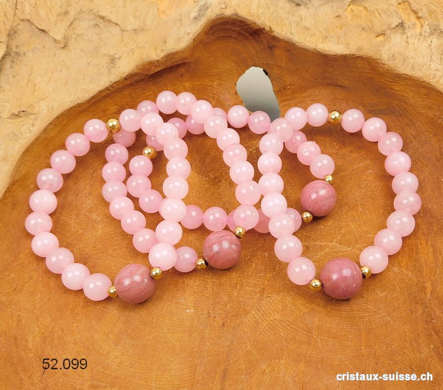 Bracelet Quartz rose - Rhodonite 8,5 mm / 18 cm. Taille M