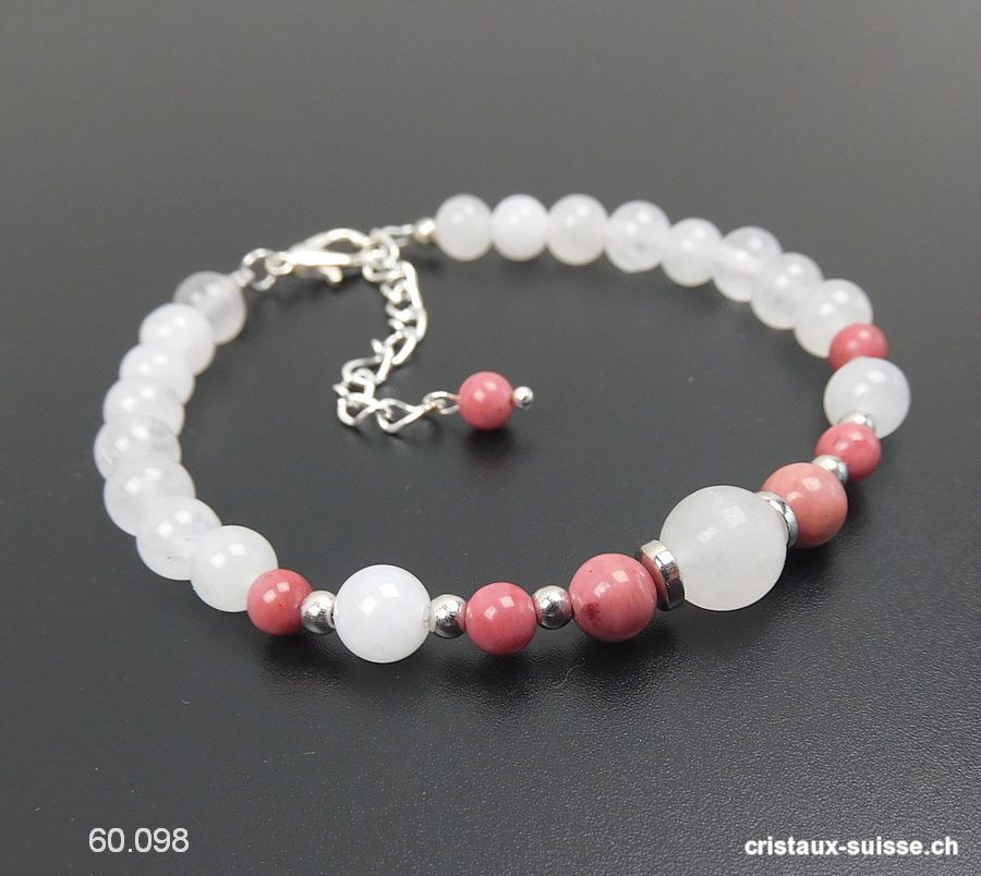 Bracelet Rhodonite - Jade blanc avec fermoir métal, Réglable 19 - 23,5 cm