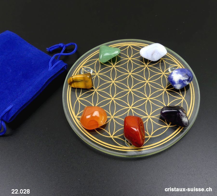 Kit Chakras avec 7 cristaux et plateau en verre Fleur de Vie 9 cm