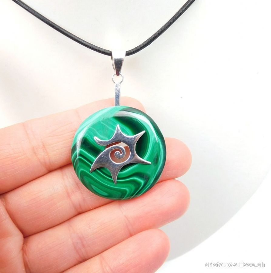 Collier Malachite donut 3 cm et Support SOLEIL en argent 925. Pièce unique