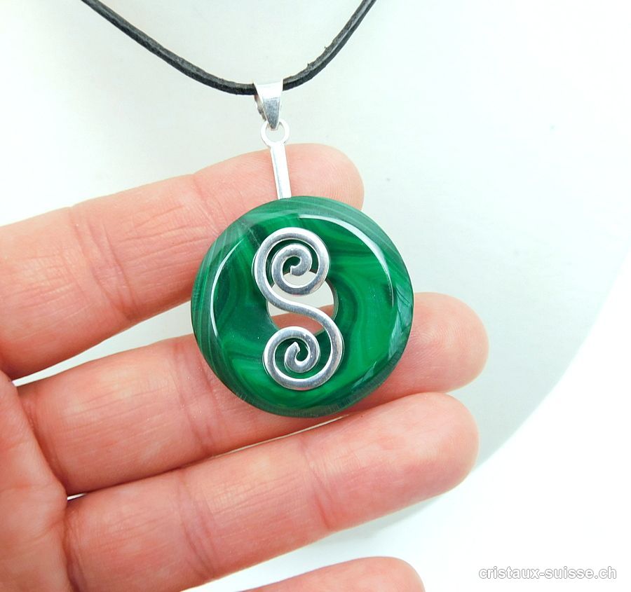 Collier Malachite donut 3 cm et Support DOUBLE SPIRALE en argent 925. Pièce unique