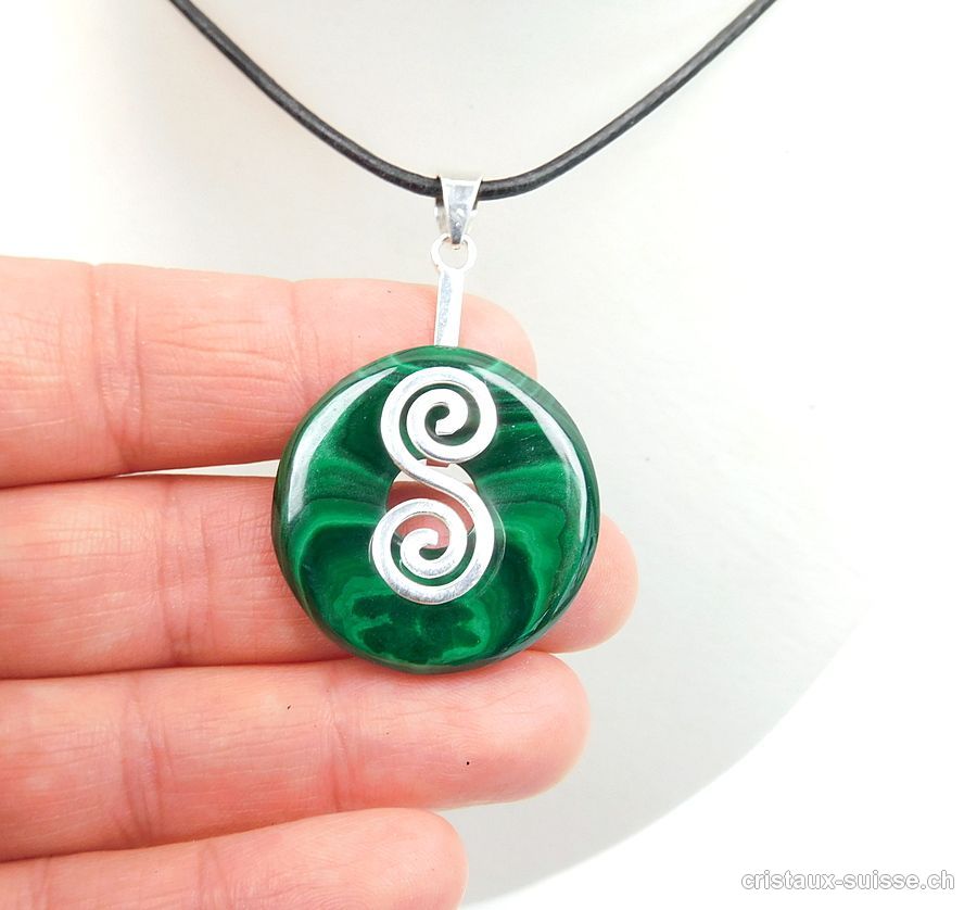 Collier Malachite donut 3 cm et Support DOUBLE SPIRALE en argent 925. Pièce unique