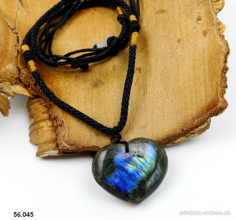 Labradorite coeur percé avec cordon réglable en tissu. Pièce unique