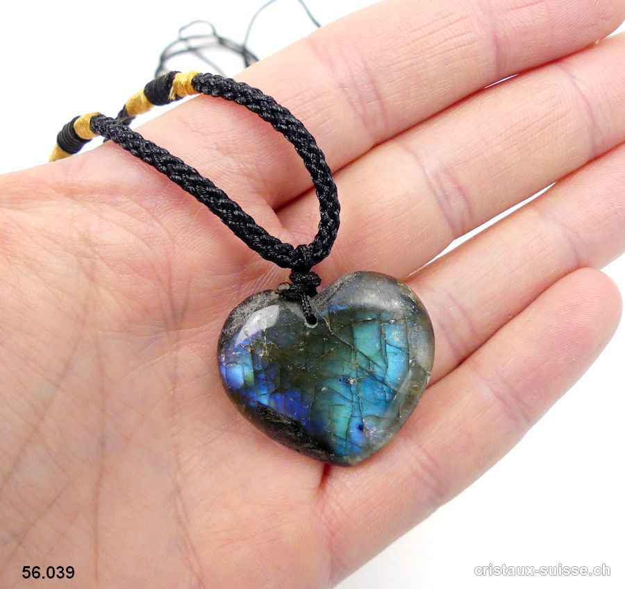 Labradorite coeur percé avec cordon réglable en tissu. Pièce unique