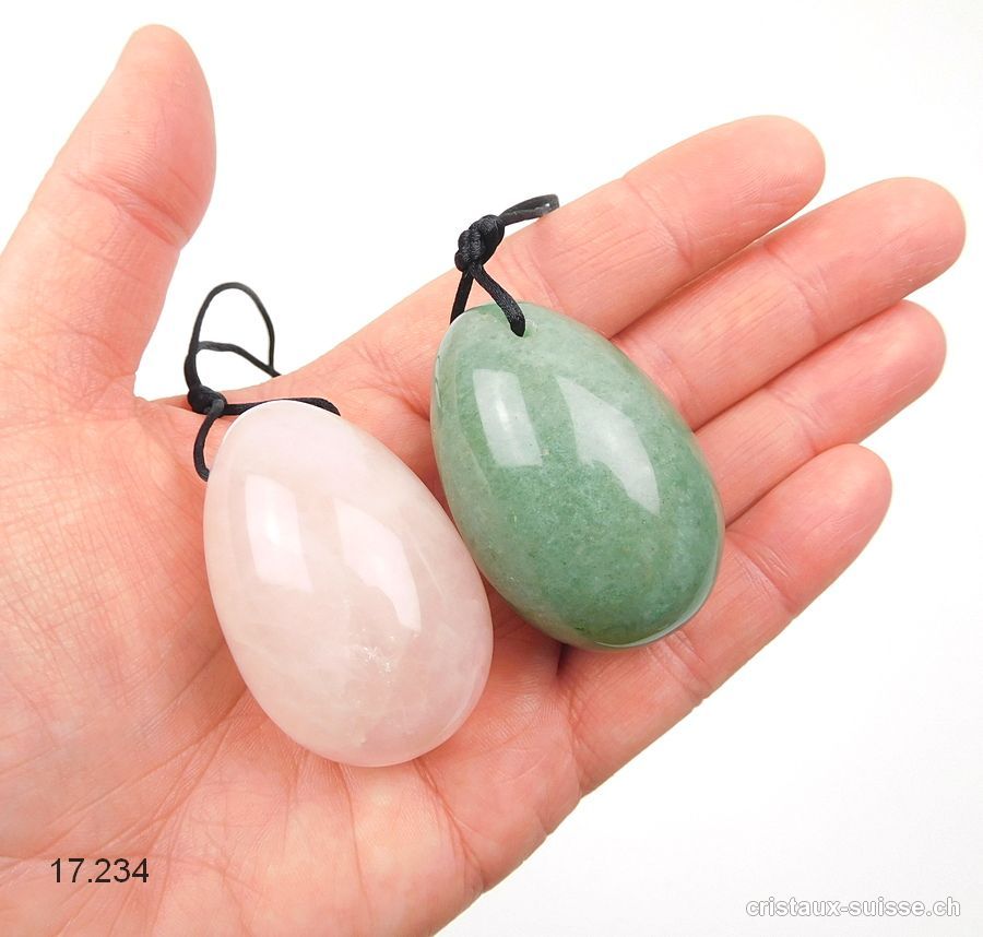 Lot 2 Oeufs YONI L, Quartz rose - Aventurine verte. Percés. Offre Spéciale