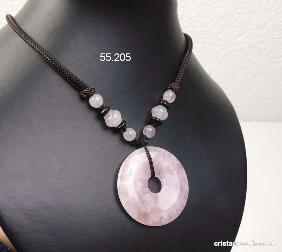 Collier Donut Quartz rose 4 cm avec cordon tissu brun foncé