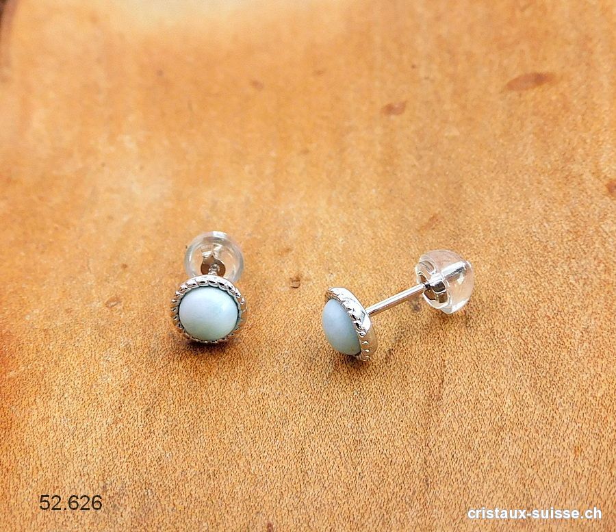 Clous d'oreilles Larimar cabochons 6 mm en argent 925 rhodié