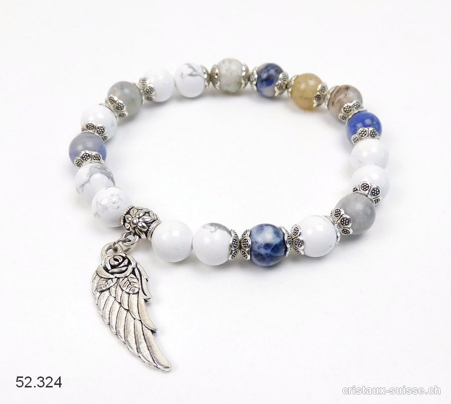 Bracelet Magnésite, Sodalite, Agate - Aile d'Ange 8 mm / 19 cm. Taille M-L