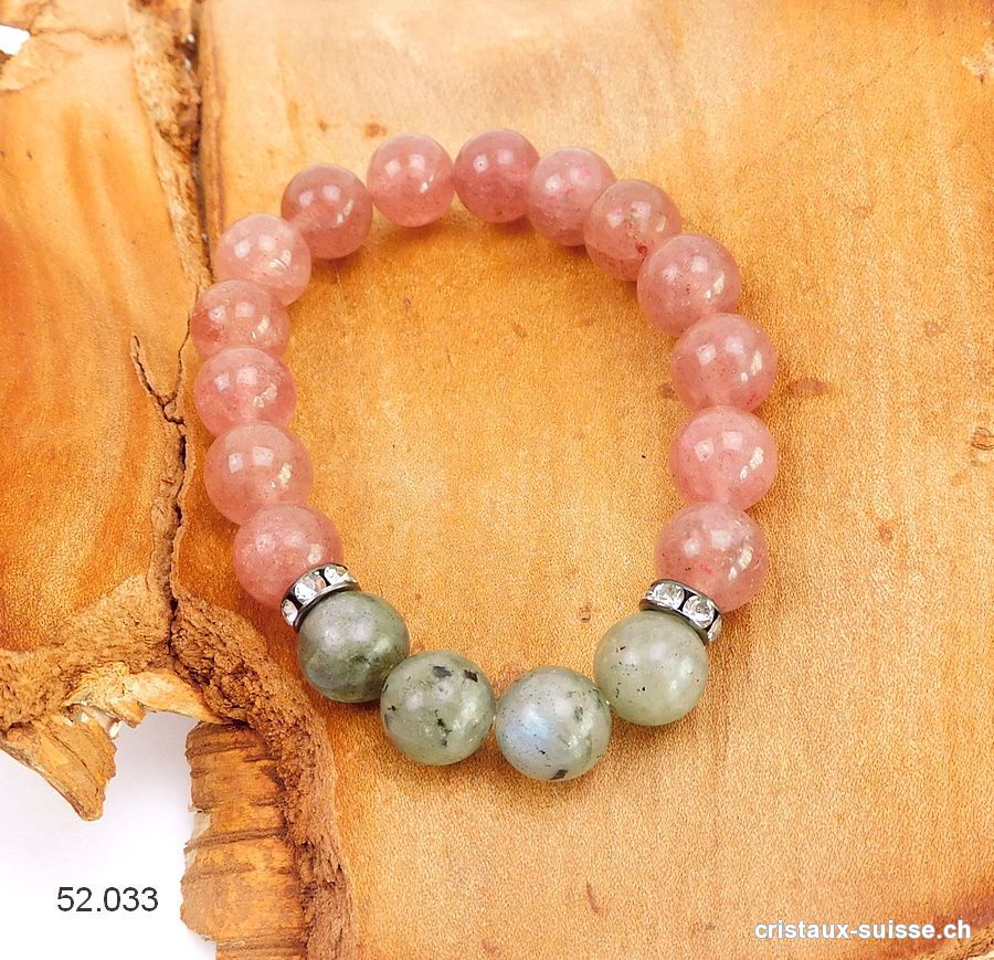 Bracelet Quartz Fraise - Labradorite 10 mm / 18,5 cm. Taille M