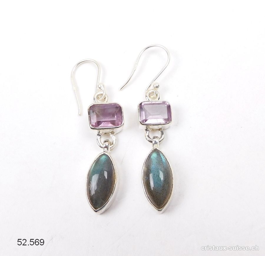 Boucles d'oreilles Labradorite - Améthyste en argent 925. Paire unique