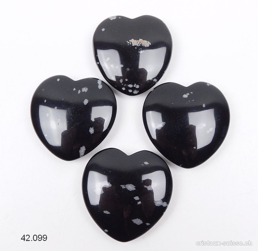 Coeur Obsidienne Flocons de Neige plat 3,5 cm