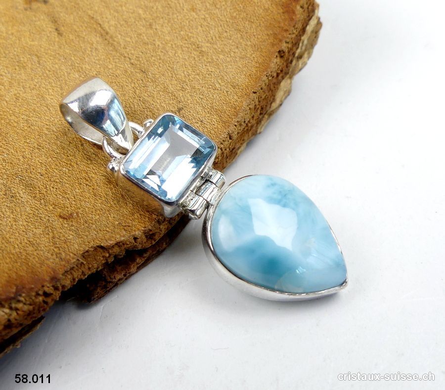 Pendentif Larimar et Topaze bleue en argent 925. Pièce unique