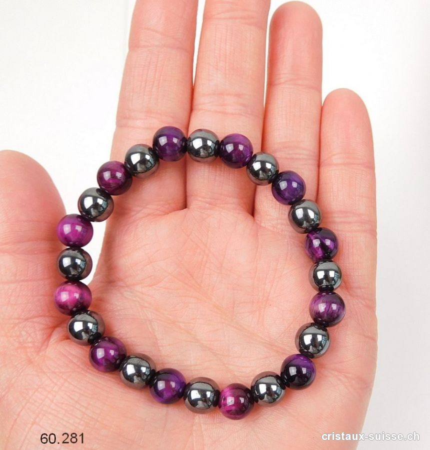 Bracelet Oeil de Tigre violet, Hématite 7,5-8,5 mm / 17 cm. Taille S