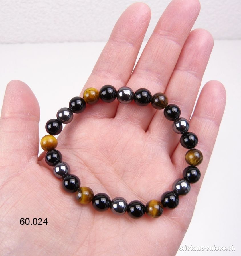 Bracelet Oeil de Tigre-Hématite-Obsidienne 8 mm, élastique 19 cm