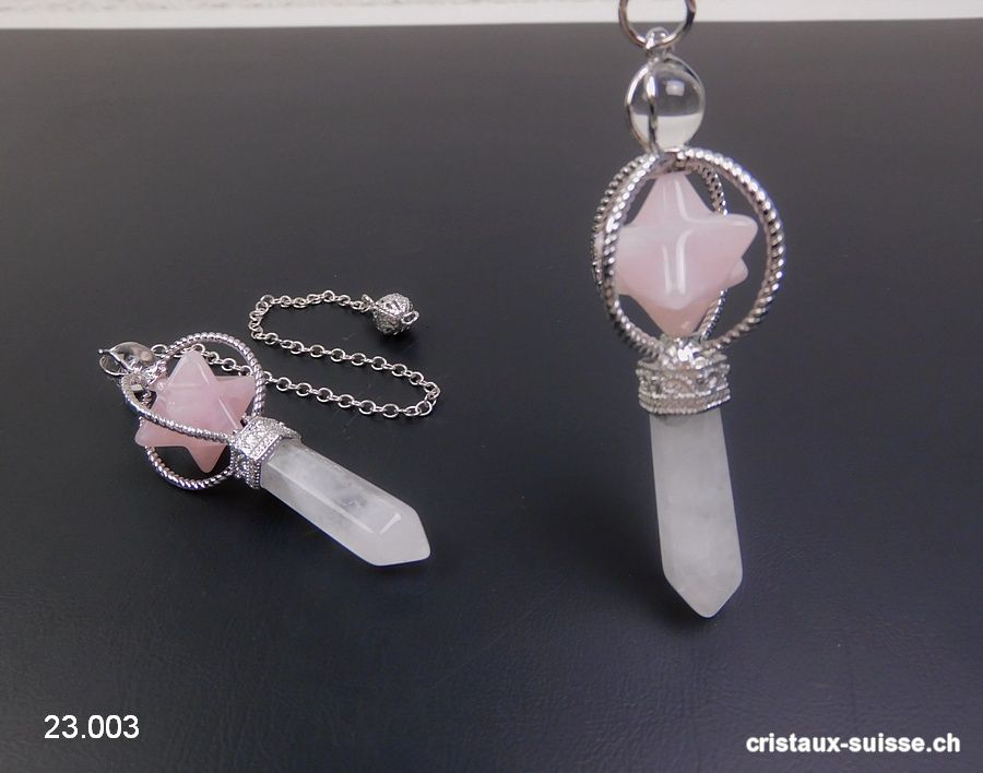 Pendule Cristal de Roche et Merkaba Quartz rose, env. 6,5 cm