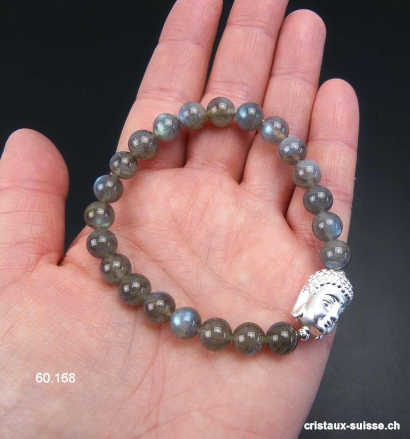 Bracelet Labradorite A 8 mm/18,5 cm et BOUDDHA argent 925