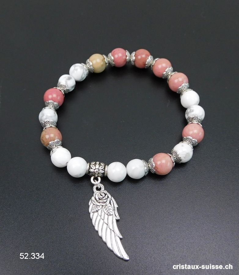 Bracelet Magnésite, Rhodonite - Aile d'Ange 8 mm / 19 cm. Taille M-L