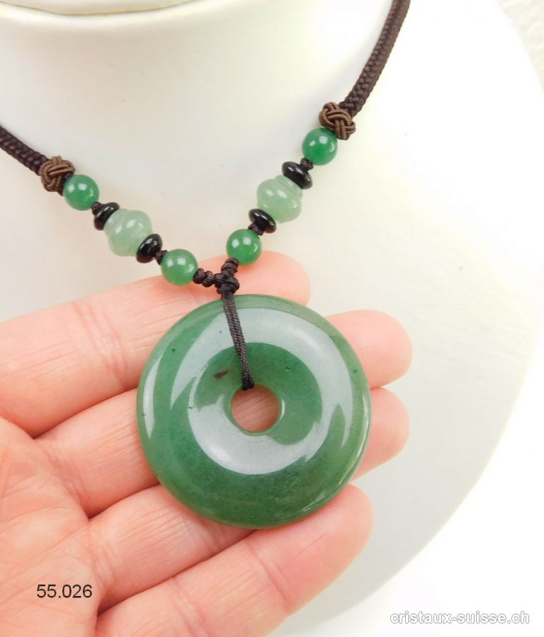 Collier Donut Aventurine verte 4 cm, avec cordon tissu brun foncé