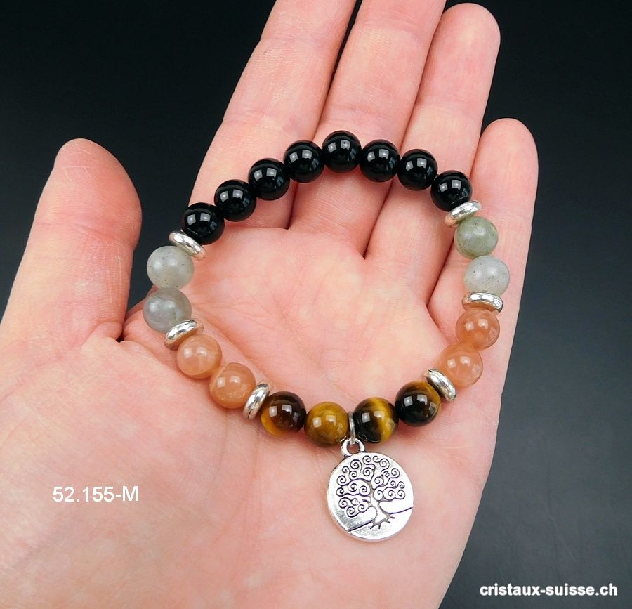 Bracelet Onyx - Labradorite - Pierre de Lune - Oeil de Tigre 8 mm / 19 cm, ARBRE DE VIE. Taille ML