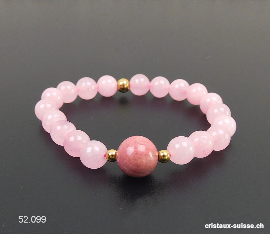 Bracelet Quartz rose - Rhodonite 8,5 mm / 18 cm. Taille M