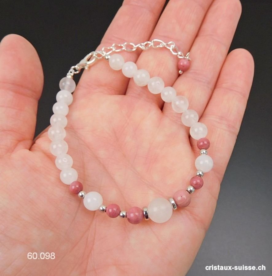 Bracelet Rhodonite - Jade blanc avec fermoir métal, Réglable 19 - 23,5 cm