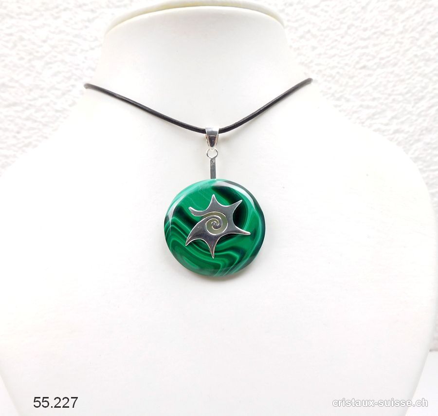 Collier Malachite donut 3 cm et Support SOLEIL en argent 925. Pièce unique