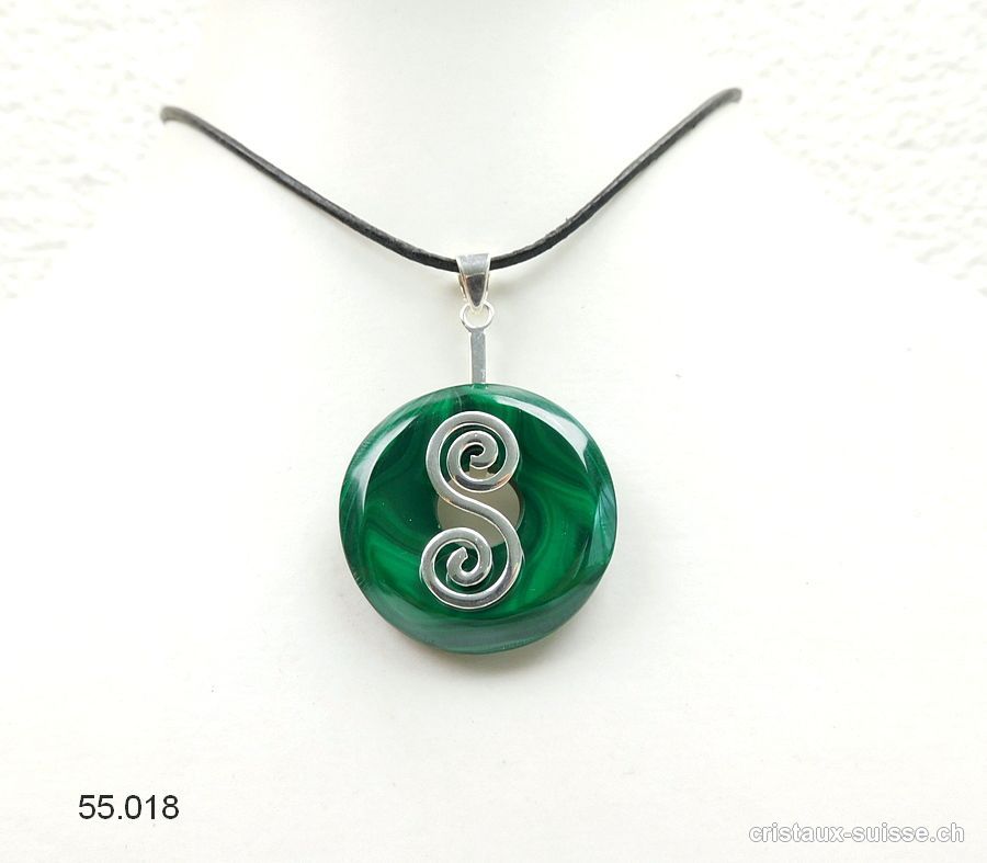 Collier Malachite donut 3 cm et Support DOUBLE SPIRALE en argent 925. Pièce unique