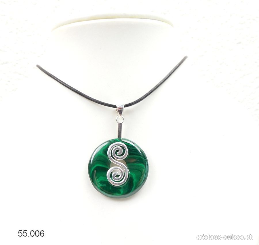 Collier Malachite donut 3 cm et Support DOUBLE SPIRALE en argent 925. Pièce unique