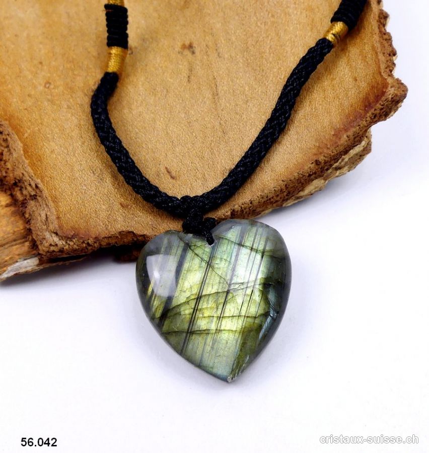 Labradorite coeur percé avec cordon réglable en tissu. Pièce unique