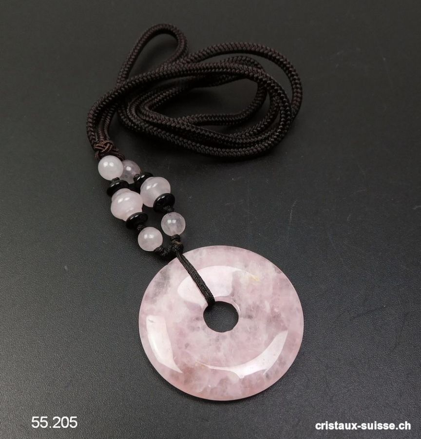 Collier Donut Quartz rose 4 cm avec cordon tissu brun foncé