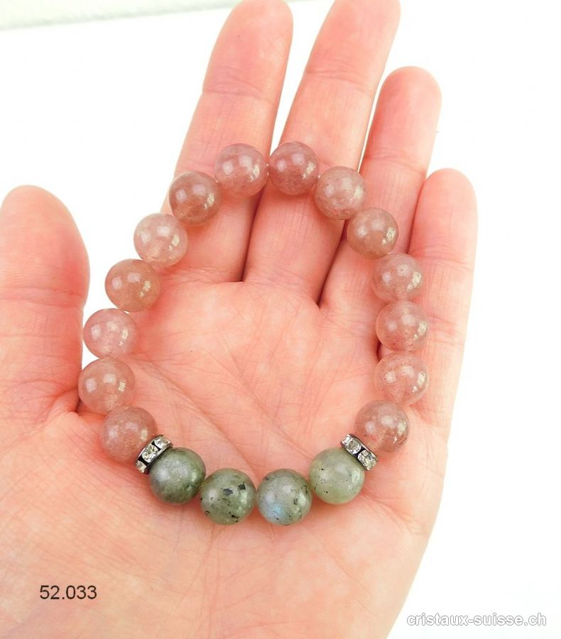 Bracelet Quartz Fraise - Labradorite 10 mm / 18,5 cm. Taille M