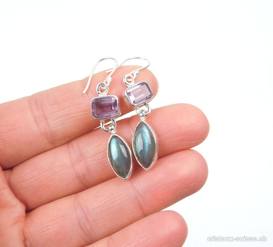 Boucles d'oreilles Labradorite - Améthyste en argent 925. Paire unique