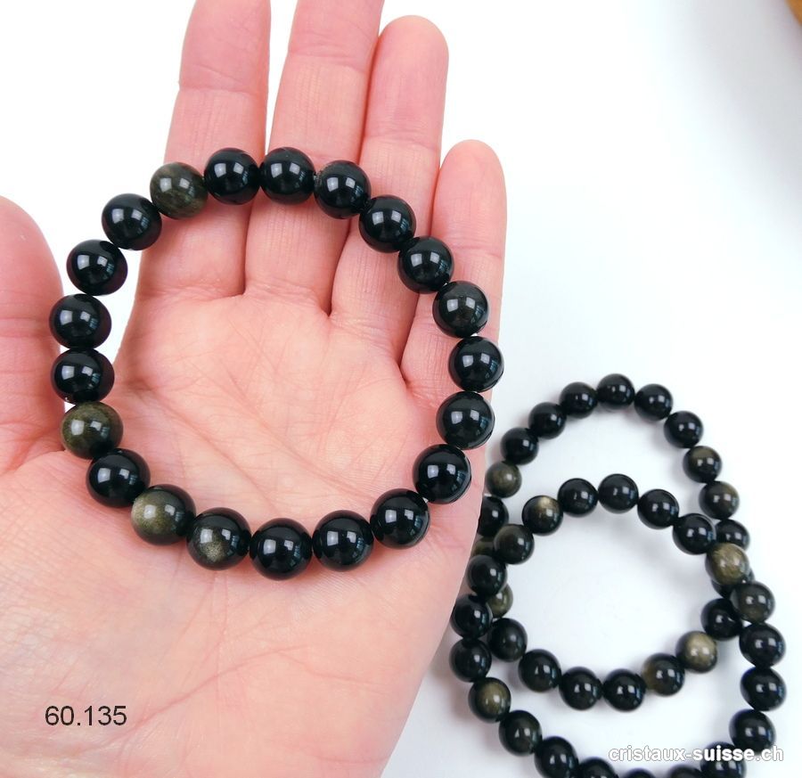 Bracelet Obsidienne dorée 10 mm / 21 cm. Taille L