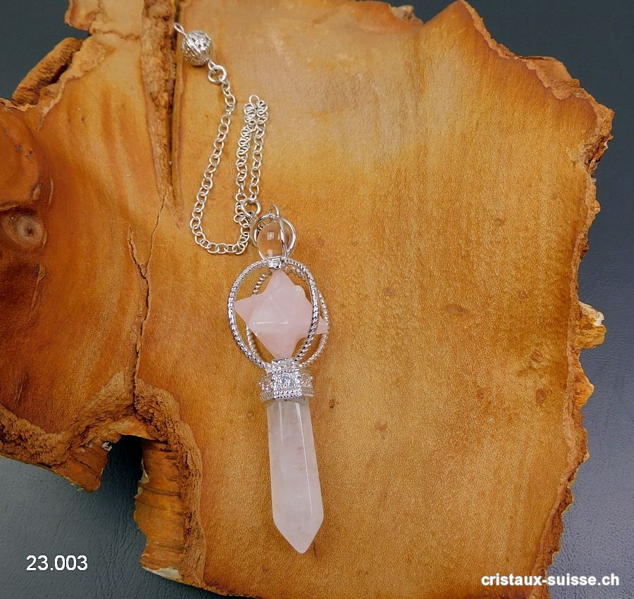 Pendule Cristal de Roche et Merkaba Quartz rose, env. 6,5 cm