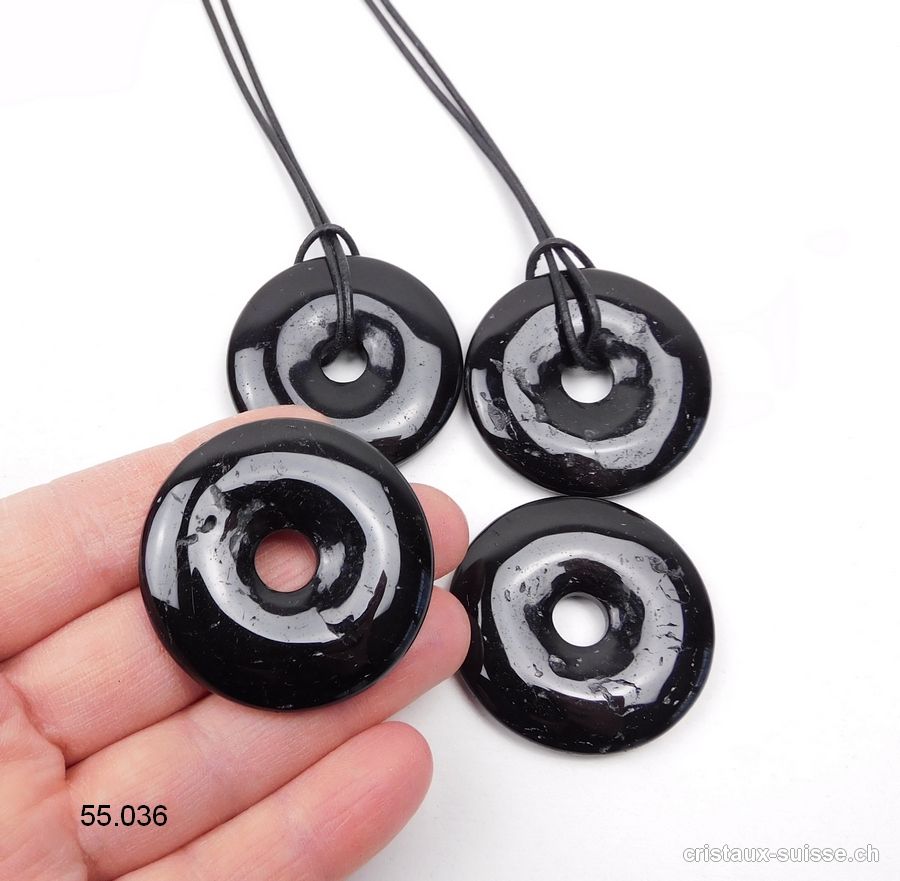 Collier Donut Tourmaline noire - Schörl 4 cm avec cordon cuir à nouer