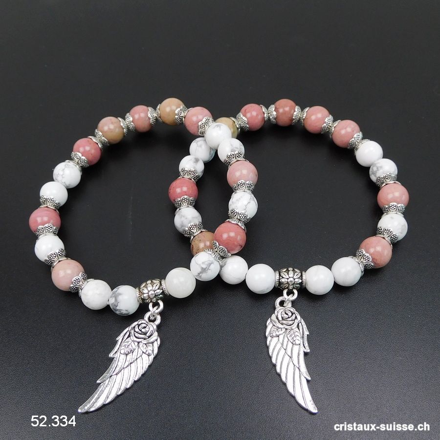 Bracelet Magnésite, Rhodonite - Aile d'Ange 8 mm / 19 cm. Taille M-L