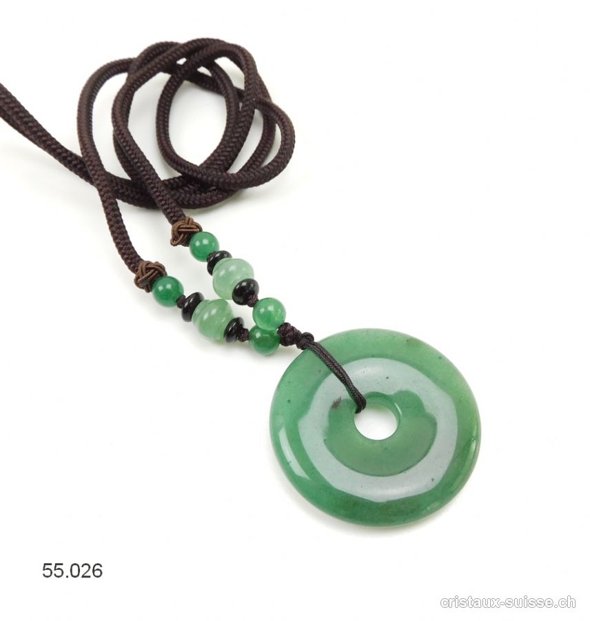 Collier Donut Aventurine verte 4 cm, avec cordon tissu brun foncé