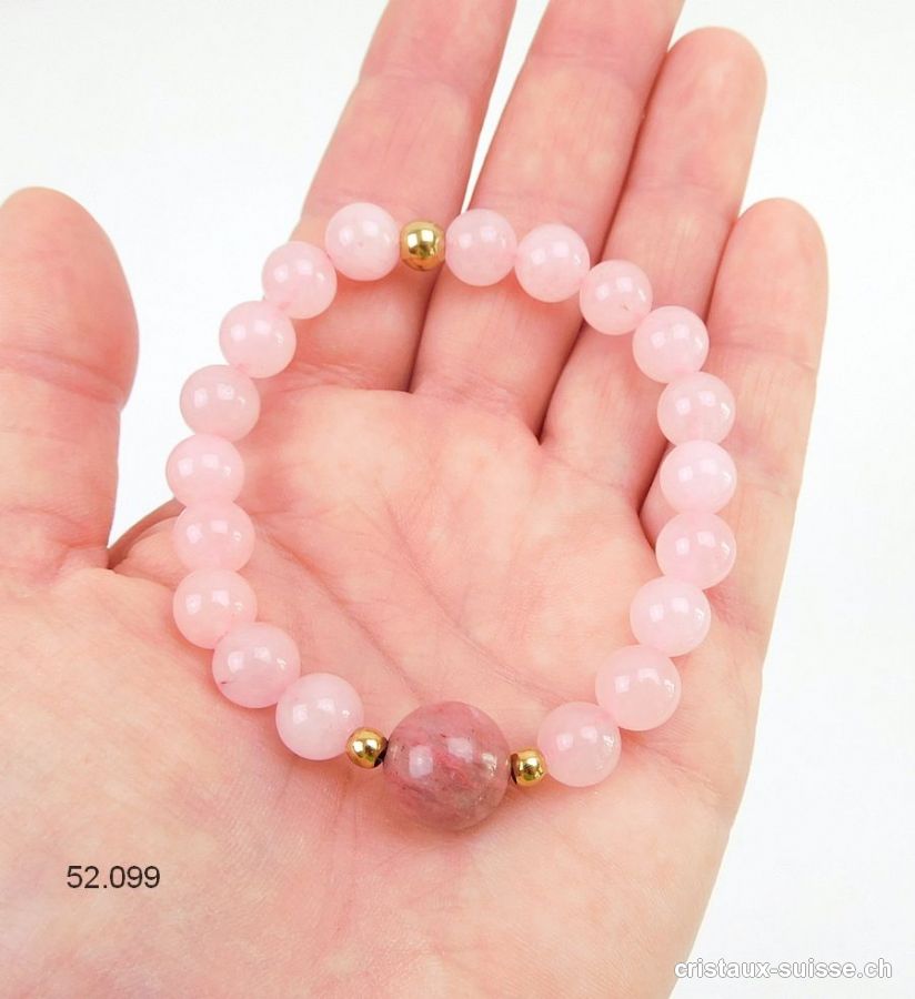 Bracelet Quartz rose - Rhodonite 8,5 mm / 18 cm. Taille M