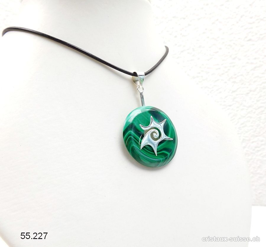 Collier Malachite donut 3 cm et Support SOLEIL en argent 925. Pièce unique