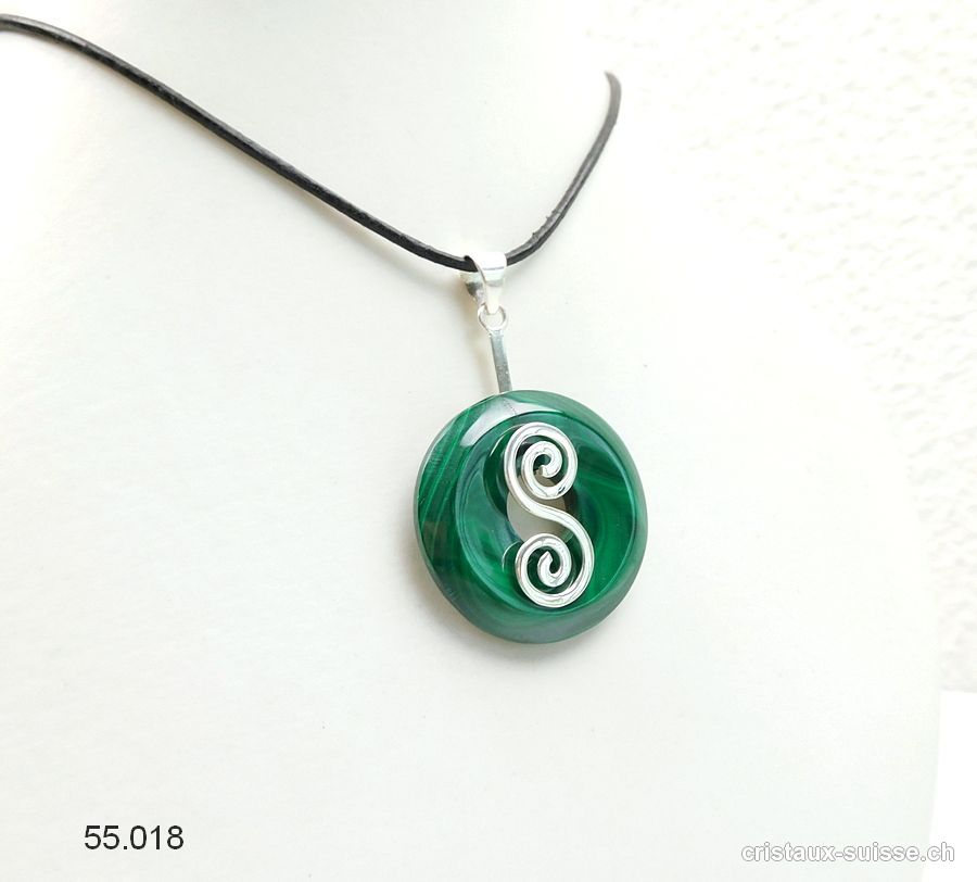 Collier Malachite donut 3 cm et Support DOUBLE SPIRALE en argent 925. Pièce unique