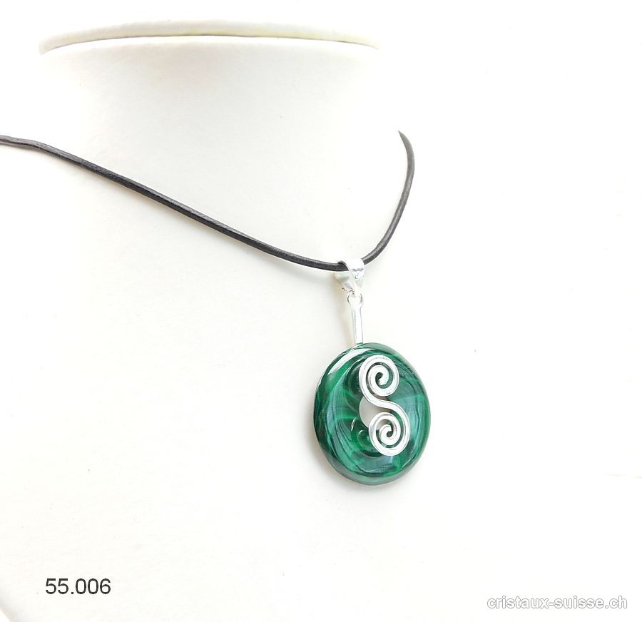 Collier Malachite donut 3 cm et Support DOUBLE SPIRALE en argent 925. Pièce unique