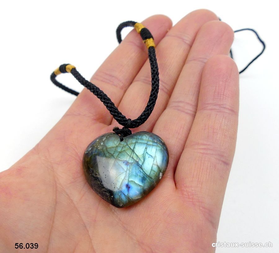 Labradorite coeur percé avec cordon réglable en tissu. Pièce unique