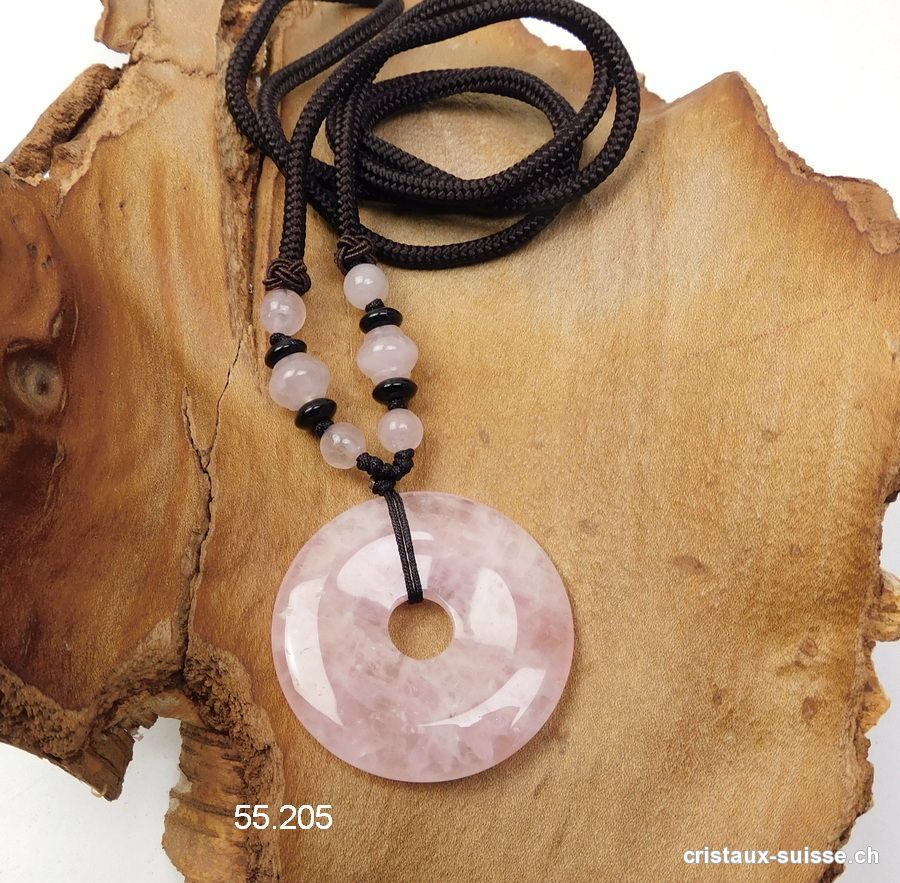 Collier Donut Quartz rose 4 cm avec cordon tissu brun foncé