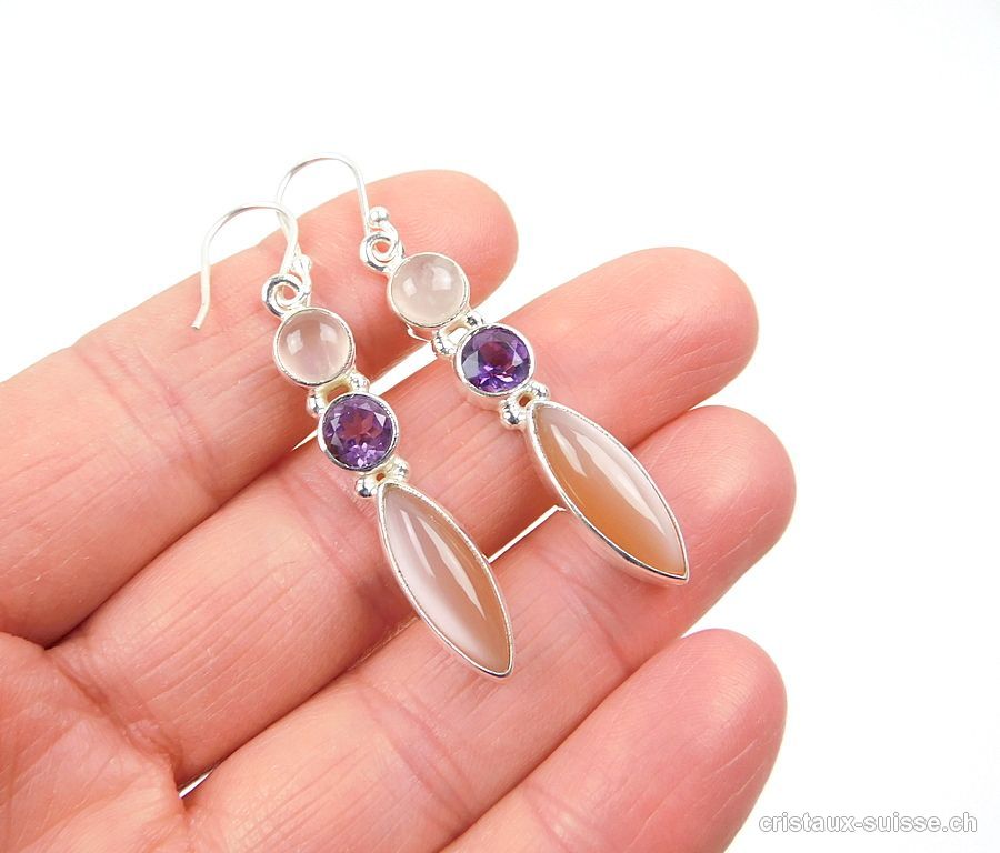 Boucles d'oreilles Pierre de Lune - Améthyste - Quartz Rose en argent 925