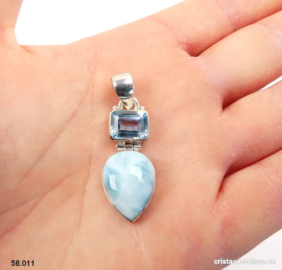 Pendentif Larimar et Topaze bleue en argent 925. Pièce unique