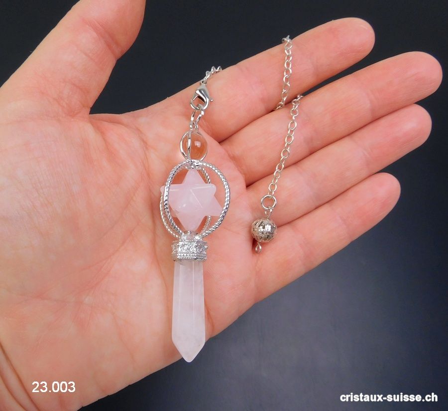 Pendule Cristal de Roche et Merkaba Quartz rose, env. 6,5 cm