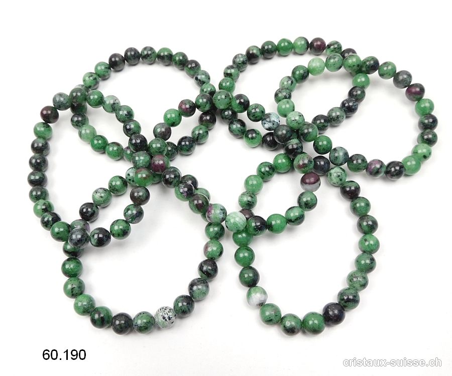 Bracelet Zoïsite verte avec Rubis 8,5 mm / 18,5 cm. OFFRE SPECIALE