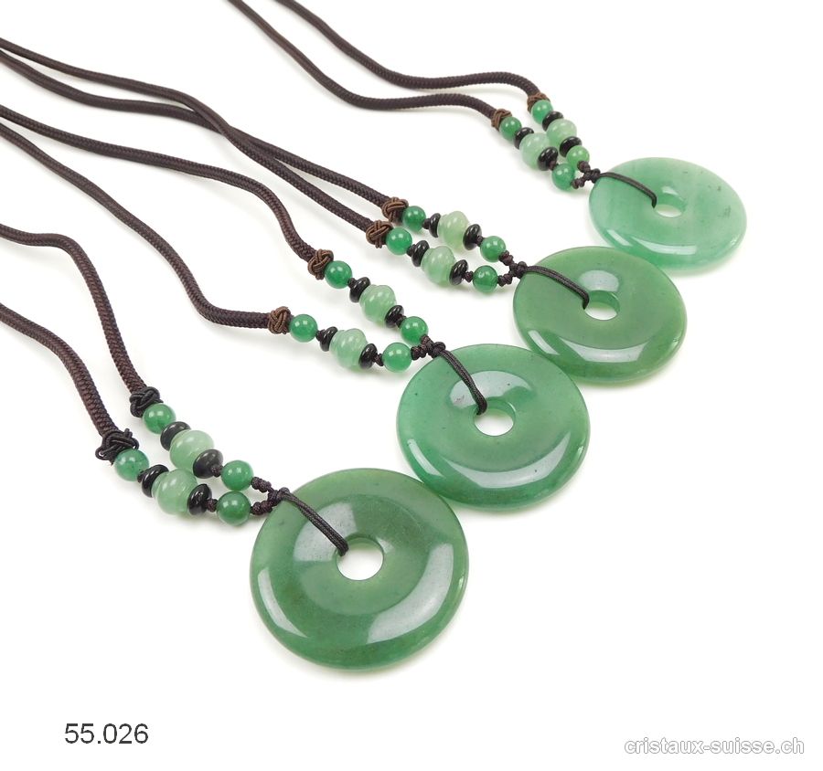 Collier Donut Aventurine verte 4 cm, avec cordon tissu brun foncé